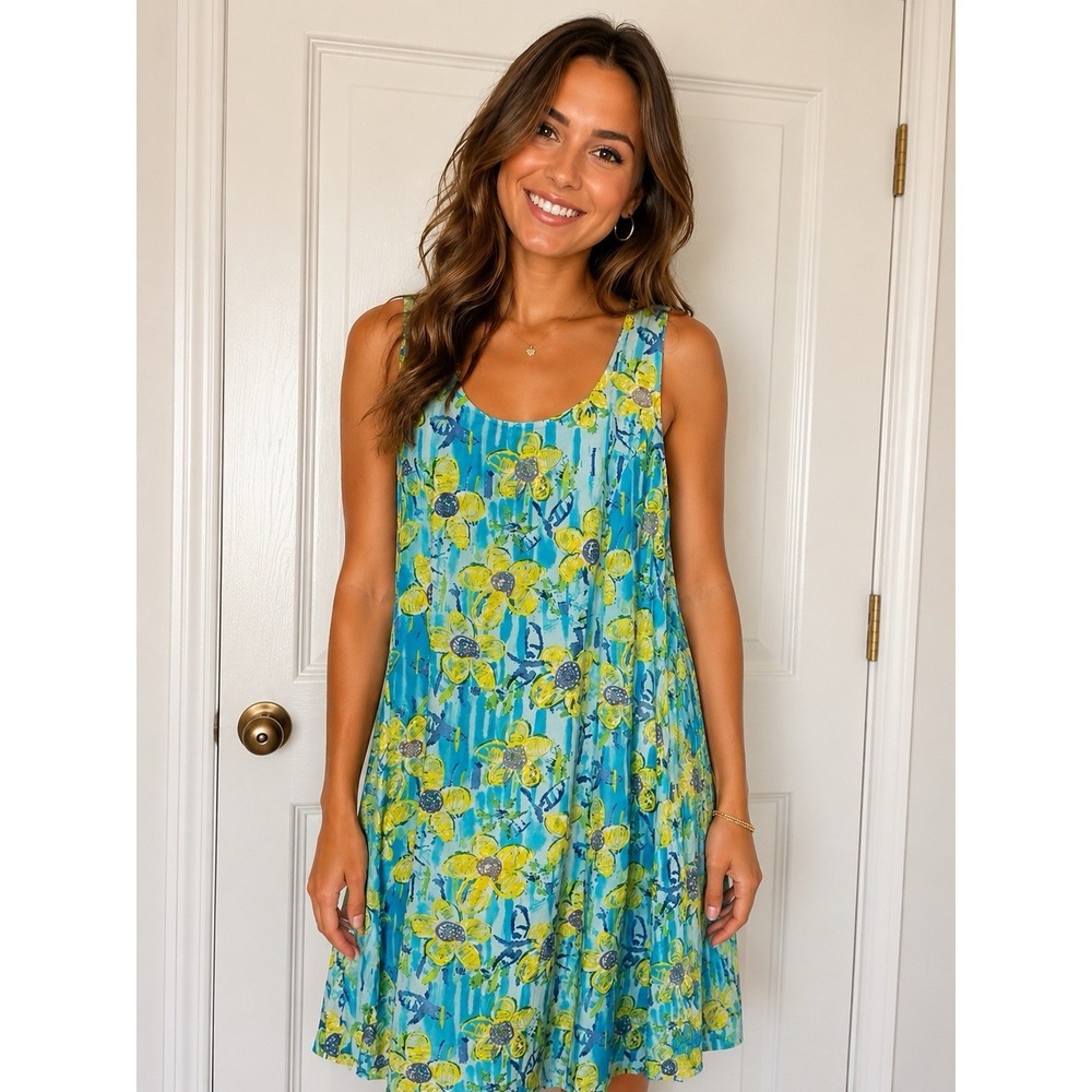 Vintage Big Hed Designs Floral Dress Medium Blue Yellow Rayon Artsy Boho USA